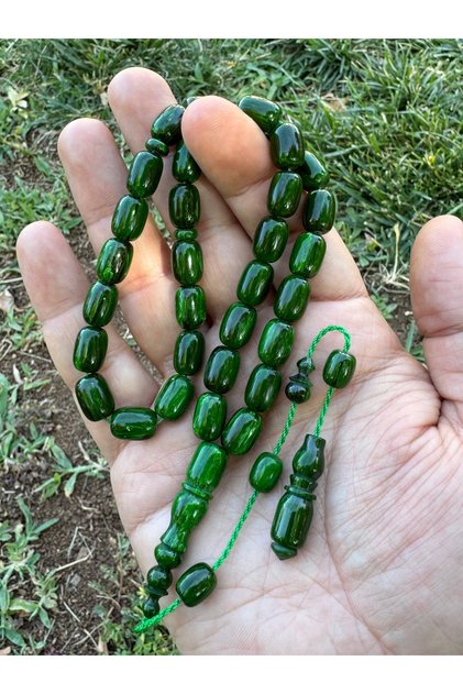Soft Shooting Fire Amber Prayer Beads with Grass Green Color