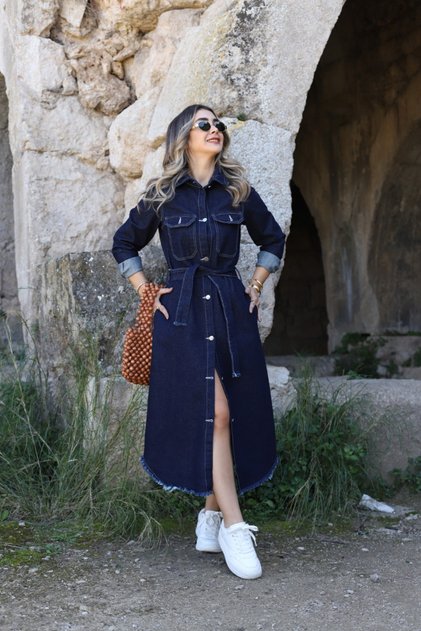 فستان جينز نسائي من SAGİ JEANS بأكمام طويلة وحزام ممزق من الأسفل