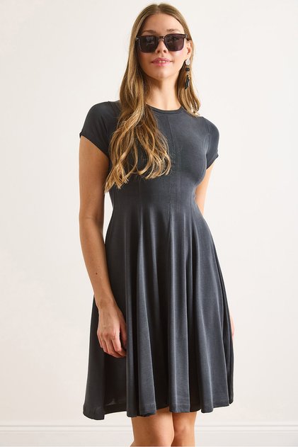 Women Anthracite Modal Short Sleeve Fragmented Mini Bell Dress Elb-19002474