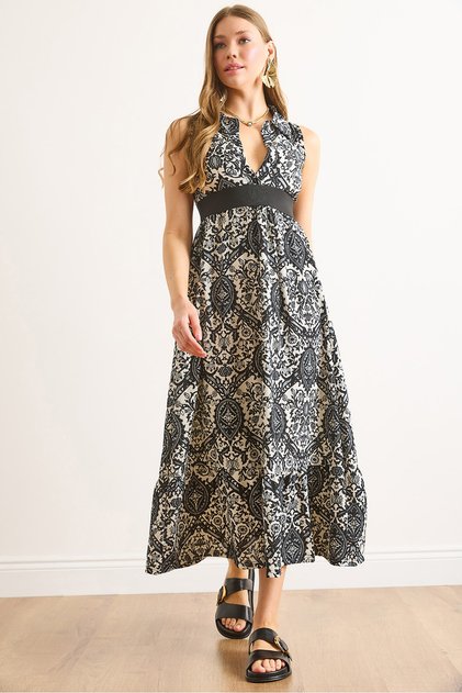 Women's Black Shirt Collar Elastic Waist Long Dress Elb-19002468
