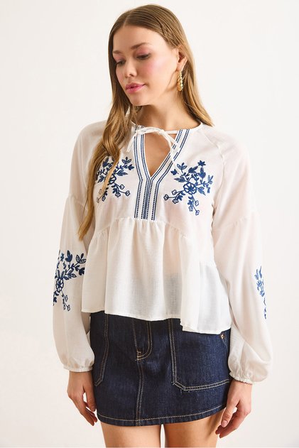 Women's White Embroidered Pambu Linen Balloon Sleeve Blouse Blz-19003047