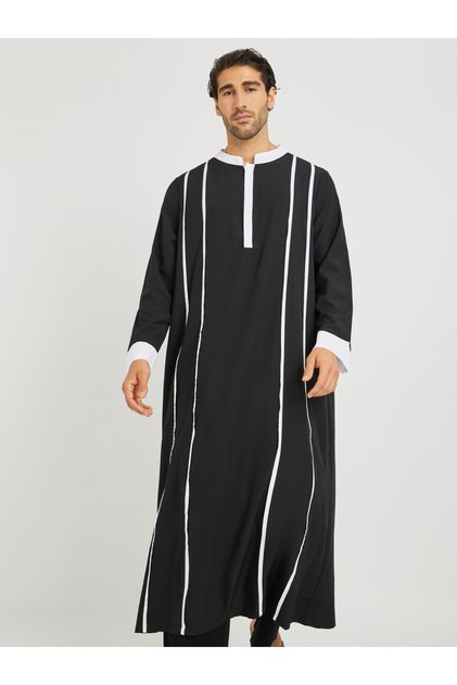 Black Striped Stand Collar Long Sleeve Kurta