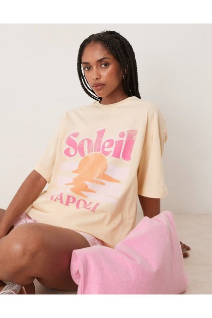 Women's Yellow Oversize Soleil Written Summer Sun Pattern T-Shirt