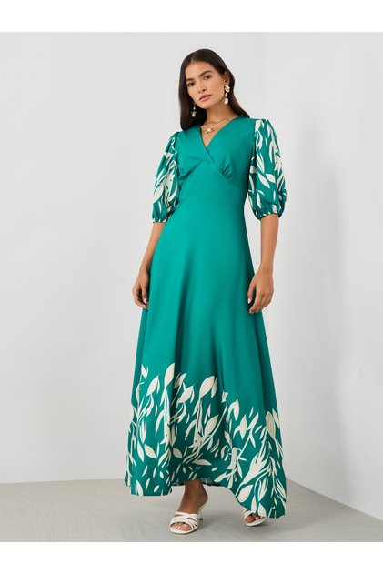 Printed Balloon Sleeves A-Line Maxi Dress
