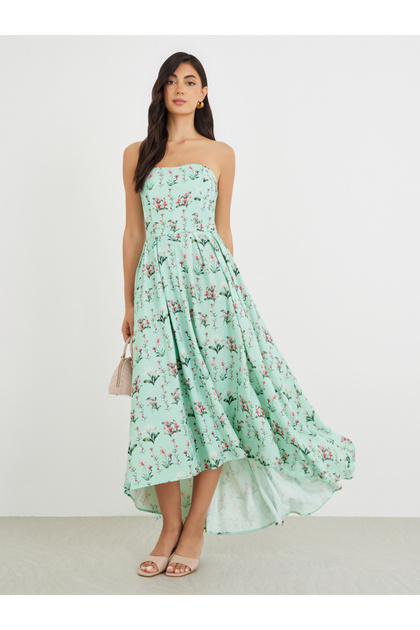 Floral Print Strapless A-Line Midi Dress with High Low Hem