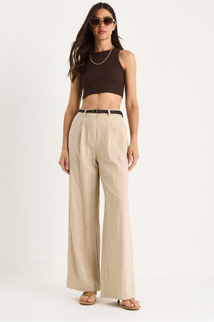 Women's Beige Straw Belted Pocket Detailed Striped Linen Palazzo Trousers 3434 60283437
