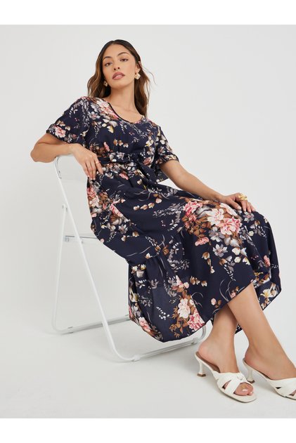 Women Navy Blue Floral Print Ruffle Trim A-Line Midi Dress with Tie Waist