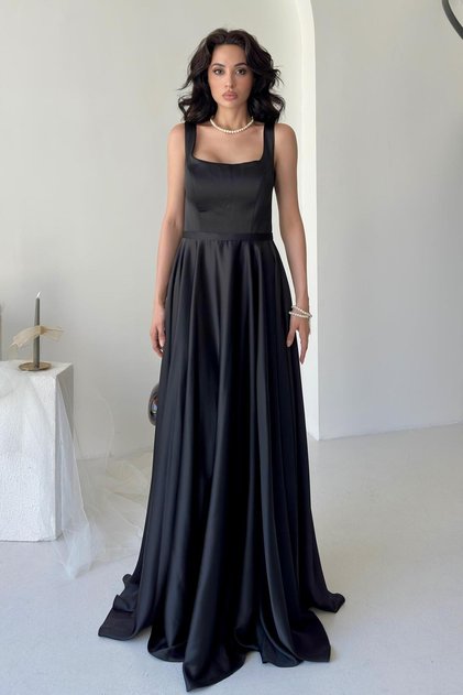 Black Square Neck Strap Satin Evening Dress