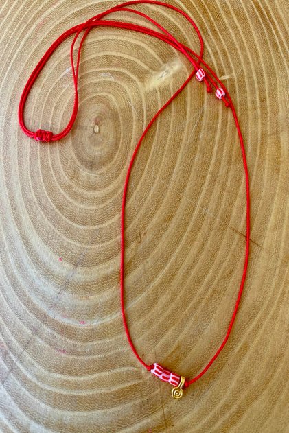 Red String Tiny Gold Spiral Red Bead Necklace