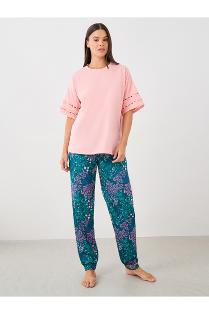 Lace Insert Round Neck T-Shirt and Pyjama Set