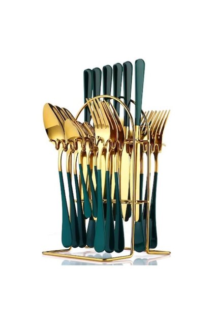 Set tacamuri 24 piese, otel inoxidabil, verde/auriu,