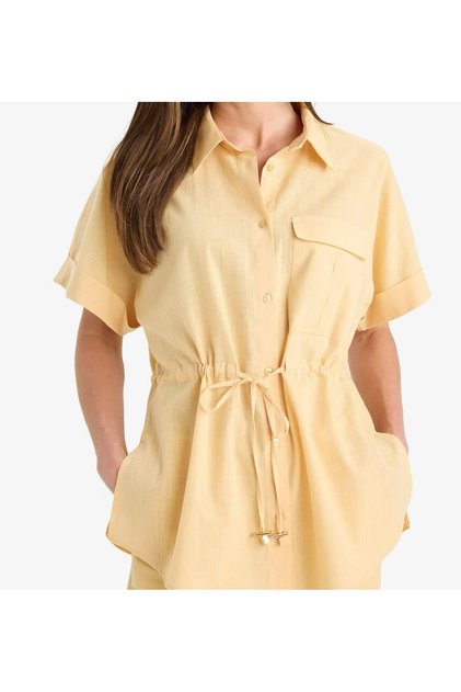 Women S Yellow Short Sleeve Gathered Waist Shirt Dress – Stylish Design with Lightweight Summer Textured Fabric