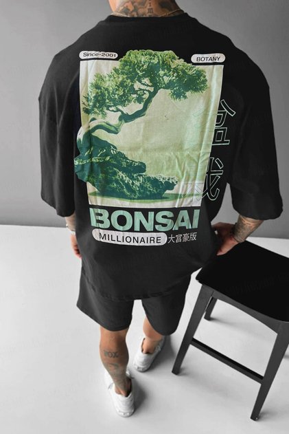 Men's Black Bonsai Oversize Fit Loose Wide Fit Loose Cut T-Shirt