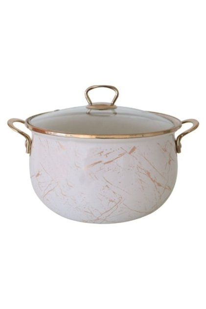 Oală emailată Goldmann, 26 x 16 cm, 8,5 L, mânere aurii din titan, capac din sticlă, compatibilă cu inducția
