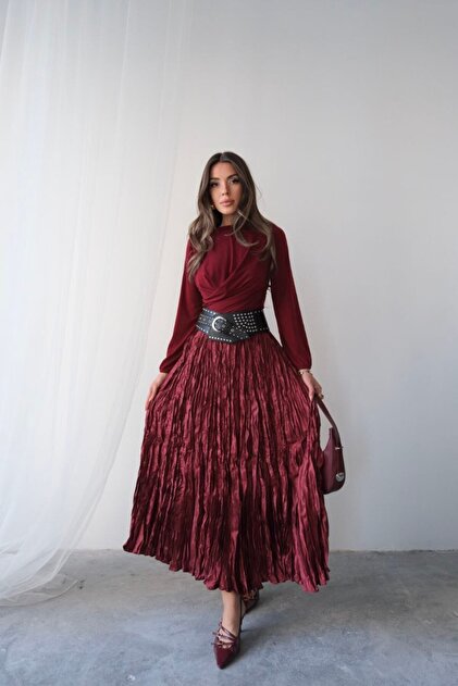 Women's Beige Imported Pleated Shiny Satin Crashed Bohemian Maxi Skirt High Waist Stylish and Comfortable Design