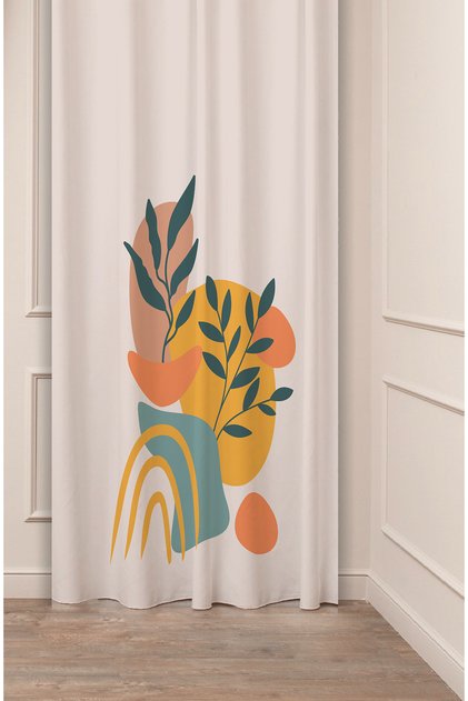 Leaf Bohemian Minimalist Beige Cream Patterned Special Design Digital Printed (Single Wing) Modern Background Curtain