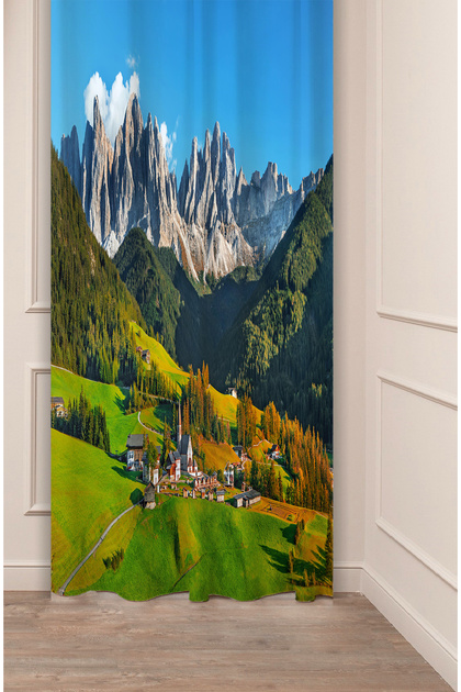 Highland Forest Nature Scenery Mountain Pine Tree Landscape Tranquility Patterned Digital Printed (Single Panel) Stylish Background Curtain