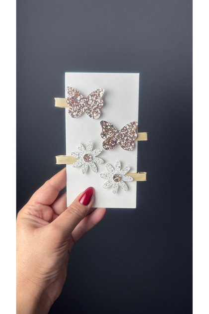 Powder Pink Glittery Butterfly Daisy Clip Buckle Set (Metal Clips Are Half Ribbon Covered)