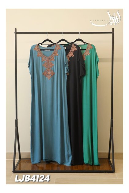 Ladies Rayon Jalabiya Dress- Maxi Dress with Golden Brown Embroidery Patch Work on Neck.