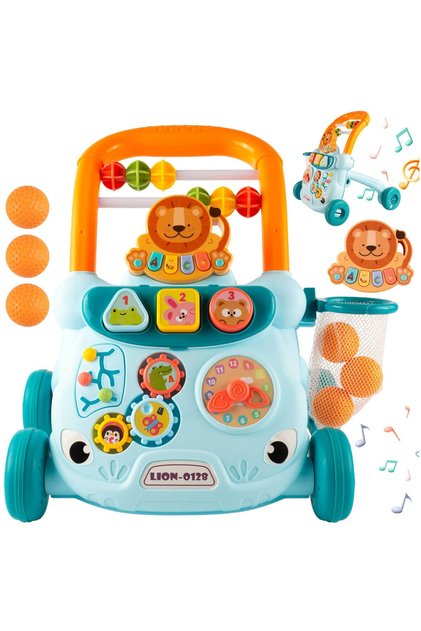 Antemergator si centru interactiv, multiple activitati SOLTOY® Lion Musical Cartoon Stroller Blue