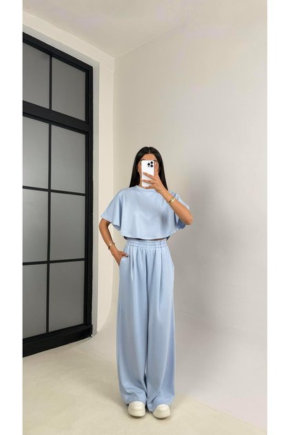 Baby Blue Crop Elastic Waist Palazzo Tracksuit Double Modal Fabric Suit Gaus00545