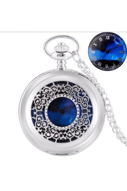 Vintage Boxed Midnight Blue Retro Chain Pocket Watch - Gift Watch Silver
