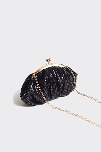 Berlesi Black Sequined Metal Clip Chain Evening Dress Bag- Trendyol