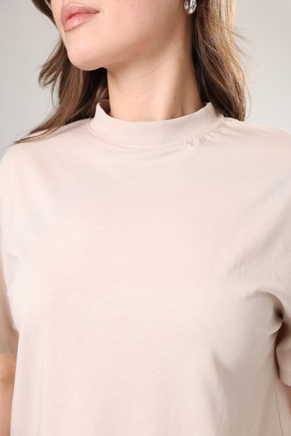 %100 Organik Pamuk Kadın Krem Açık Bej Basic Ribana'lı Dik Yaka Örme T-shirt Yarım Balıkçı