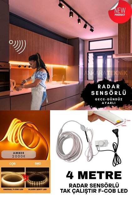Sensörlü Amber Renk (2000K) F- Cob Neon Led / Yüksek Lümen/ Dolap Alcıpan Tavan LED /4 Metre