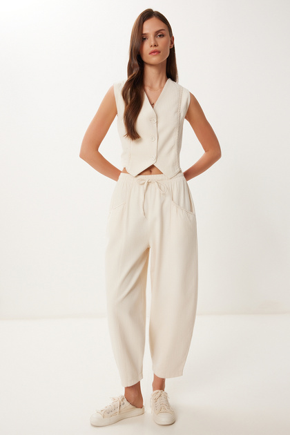 Happiness İstanbul Women's Cream Linen Vest Baggy Trousers Suit