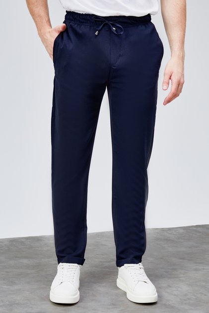 Men's Seasonal Navy Blue Relaxed Fit Elastic Waist Lace-Up Double-Leg Jogger Pants Bolt-1997
