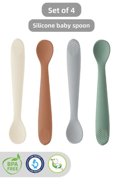 4-Piece Silicone Feeding Spoon - Teether Baby Feeding Spoon Silicone Spoon Gray, Green, Brown, Beige