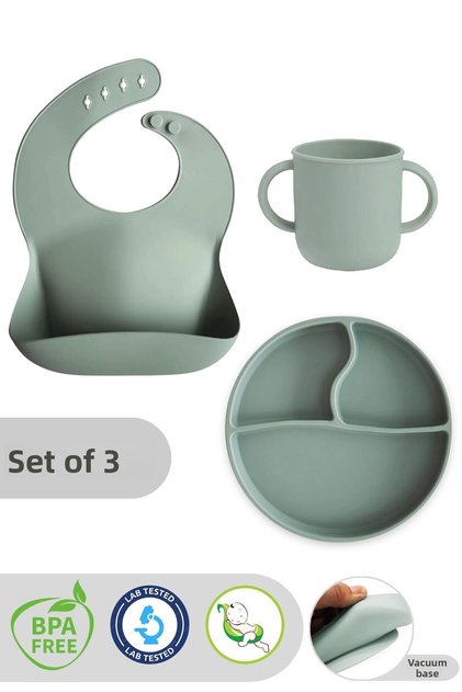 3-Piece Silicone Feeding Set - Silicone Bib, Vacuum Plate, Cup with Handle - Green