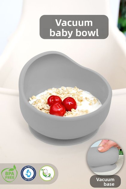 Vacuum-Based Baby Food Bowl - Vacuum Oval Silicone Bowl - Gray