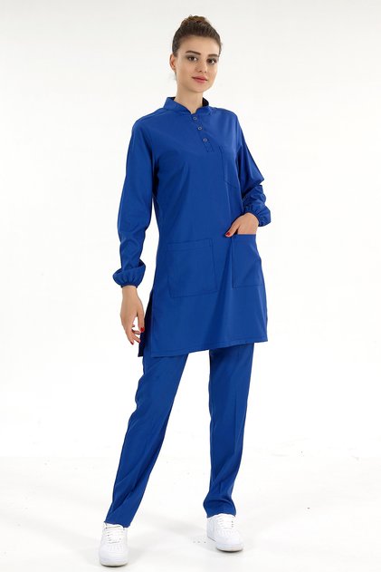 Cobalt Blue Luxury Lycra Prevailing Collar Hijab Suit Doctor Nurse Long Sleeve Scrubs Bottom Top