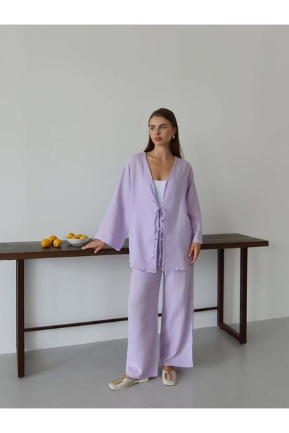 Lila Purple Muslin Fabric Tie Kimono Bluz Pants Set