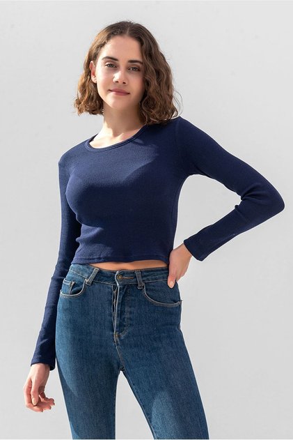 Dark Navy Long Sleeve Ribbed Blouse Crop Knitted T-shirt