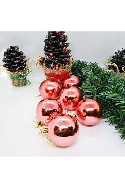 Pine Tree Ornament Shiny Ball Rose Gold 6 Pieces 6 Cm