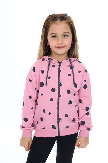 Girl's Hooded Zippered Bubble Printed Knitted Cardigan with Off-Shoulder Slit Detail - 2 Yarns