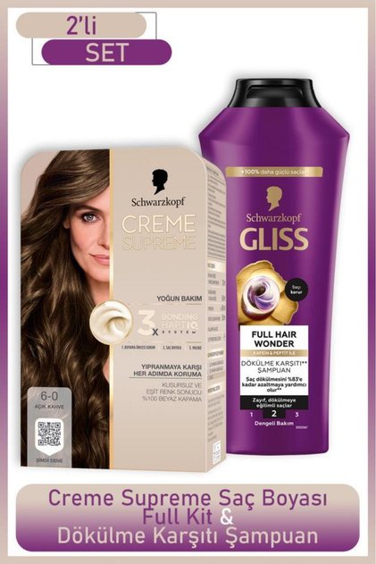 Creme Supreme Full Kit 6-0 Açık Kahve + Gliss Full Hair Wonder Saç Dökülme Karşıtı Şampuan 400 ml