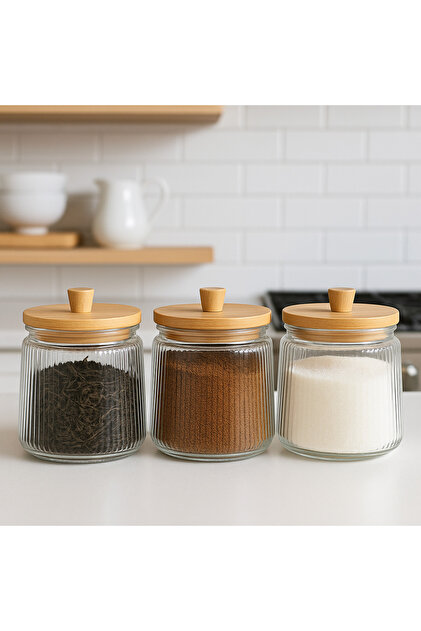 ENYAZA(2024) 3'lü Bambu Vakum Kapaklı Çizgili Cam Çay Şeker Kahve