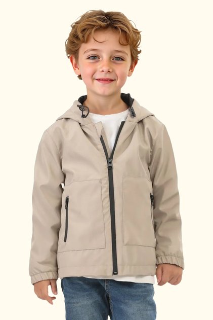 Boy's Stone Lined Water and Windproof Hooded Double Zipper Pocket Raincoat