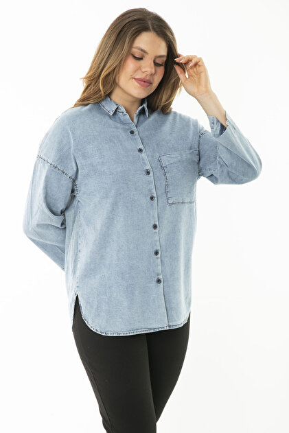 Şans Women's Large Size Blue Denim Shirt with Chest Pocket and