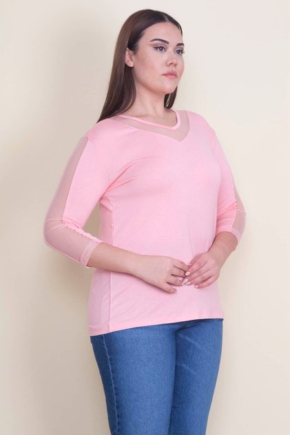 Kadın Büyük Beden Somon Yaka Ve Kolları Tül Detaylı Viskon Bluz 65n30593