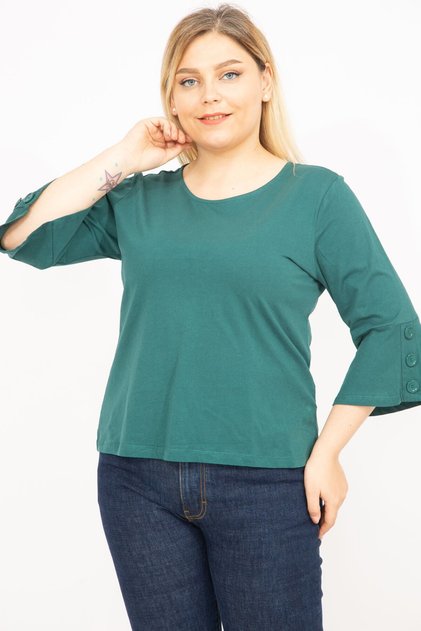Women's Green Large Size Cotton Fabric Sleeves with Ornamental Buttons Capri Sleeve Blouse 65n35766