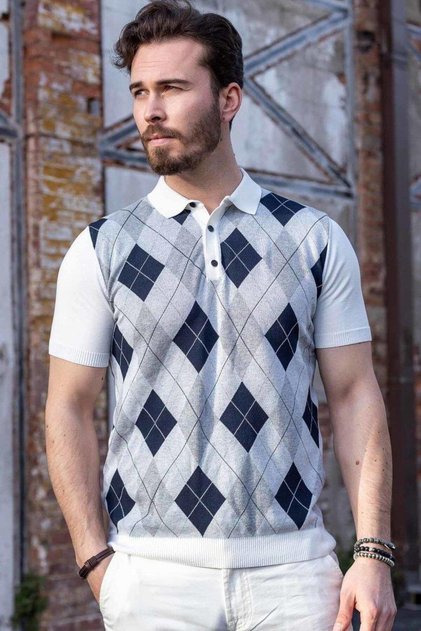 Ct753 Diamond Patterned Knitwear Men's Polo Neck T-Shirt