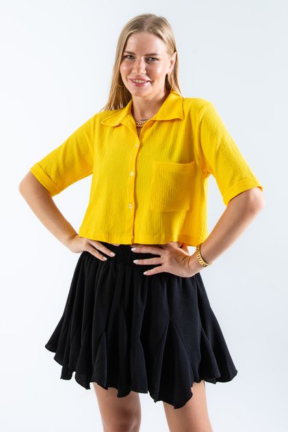 Women's Yellow Crop Wrinkle Fabric Buttoned Pocket Shirt