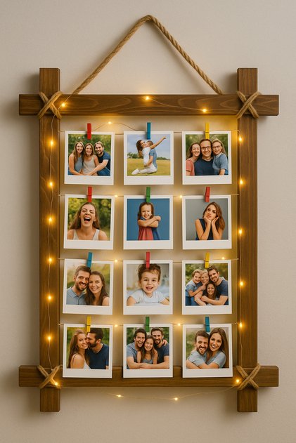 Ahşap LED'li Mandallı Fotoğraf Çerçevesi | Duvar Dekoru ve Anı Köşesi Seti