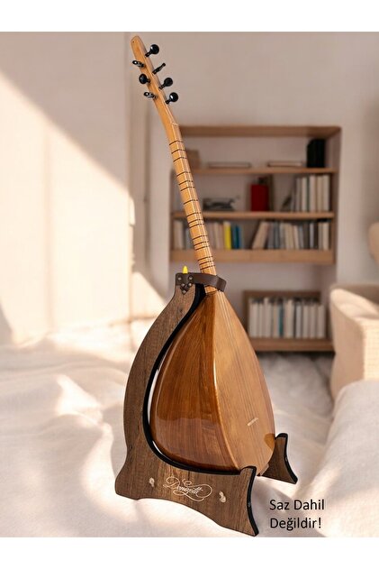 Dekoratif Özel Tasarım - Ahşap Bağlama Standı Saz Stant Tezene Mızrap Cepli Deri Kemer