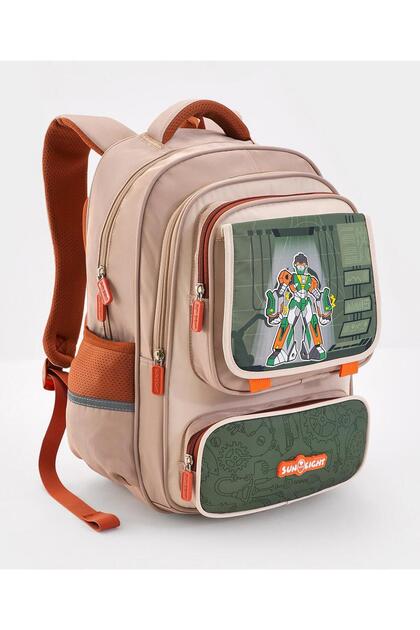 Bonfino Robot School Bag, Spacious Compartments, Brown and Green - 17 Inches